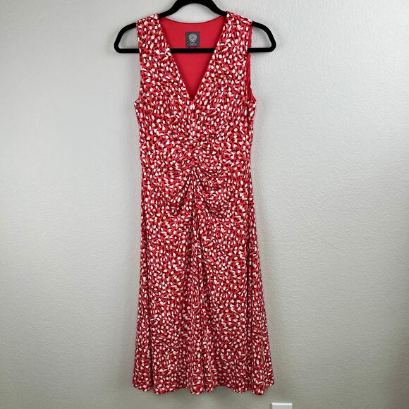 Vince Camuto Red Multi Printed Ruched Front Sleeveless V-Neck Midi Dress 6 NWOT - Picture 12 of 13